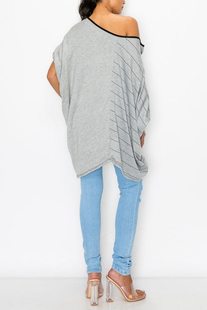 Stripe and Solid Contrast Oversized Top - Grey