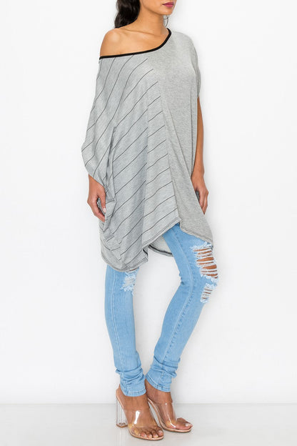 Stripe and Solid Contrast Oversized Top - Grey