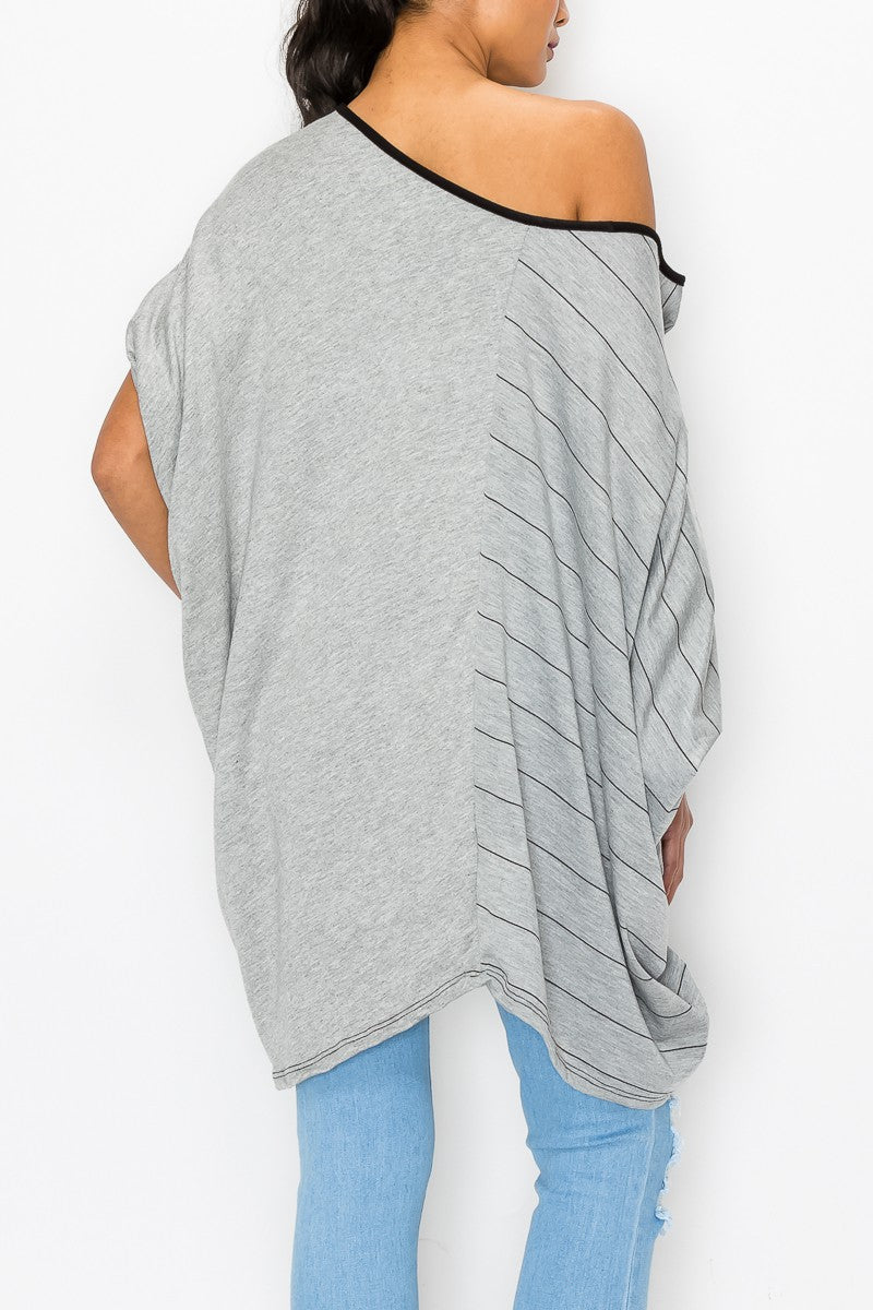 Stripe and Solid Contrast Oversized Top - Grey