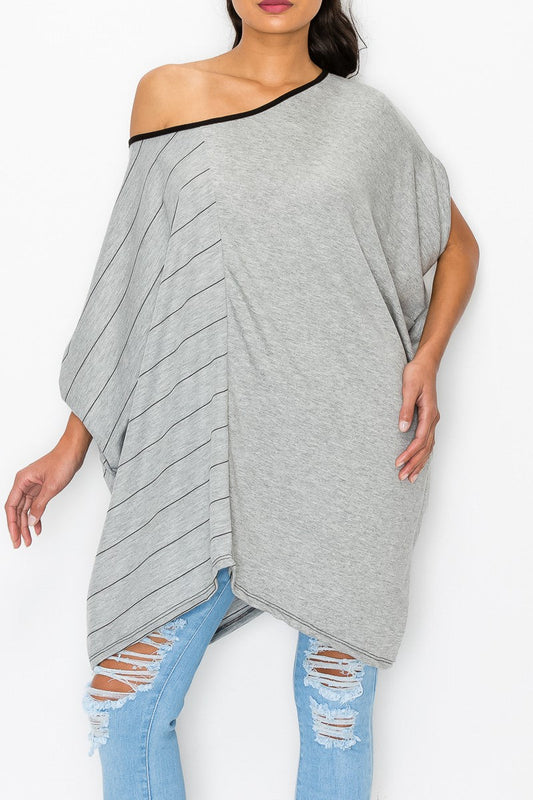 Stripe and Solid Contrast Oversized Top - Grey