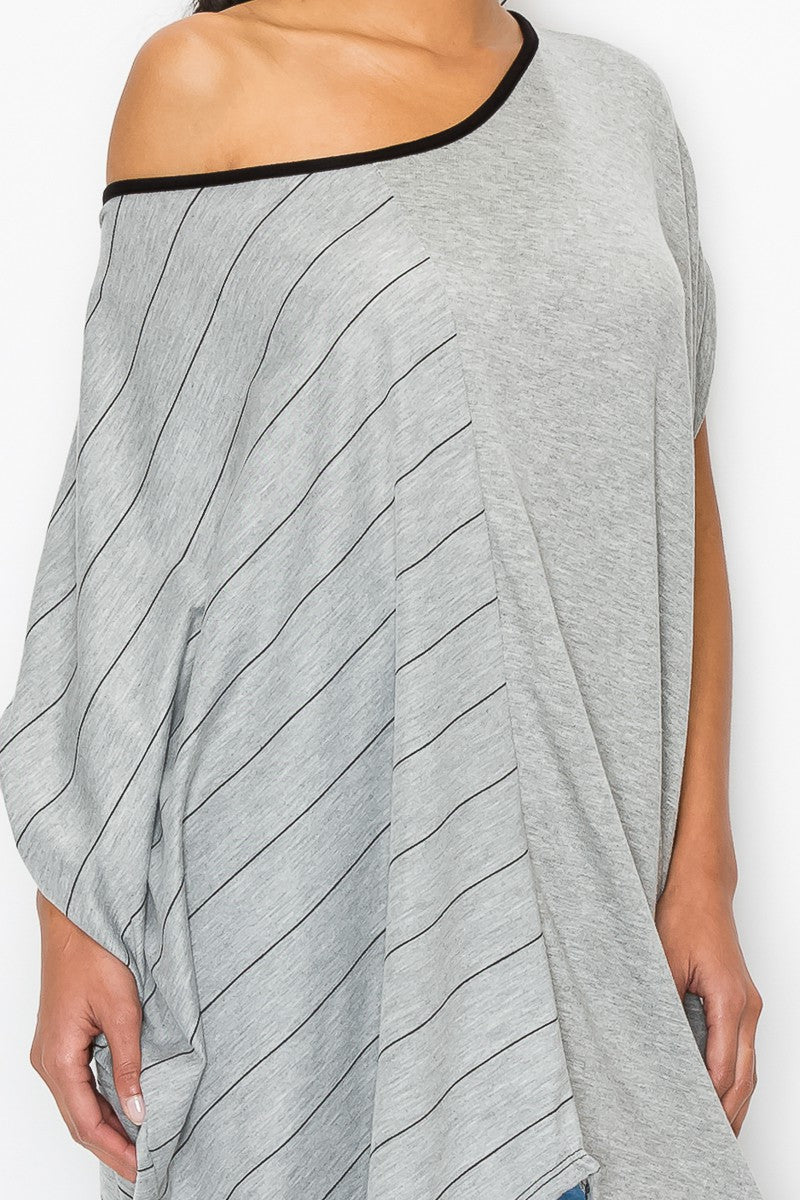 Stripe and Solid Contrast Oversized Top - Grey