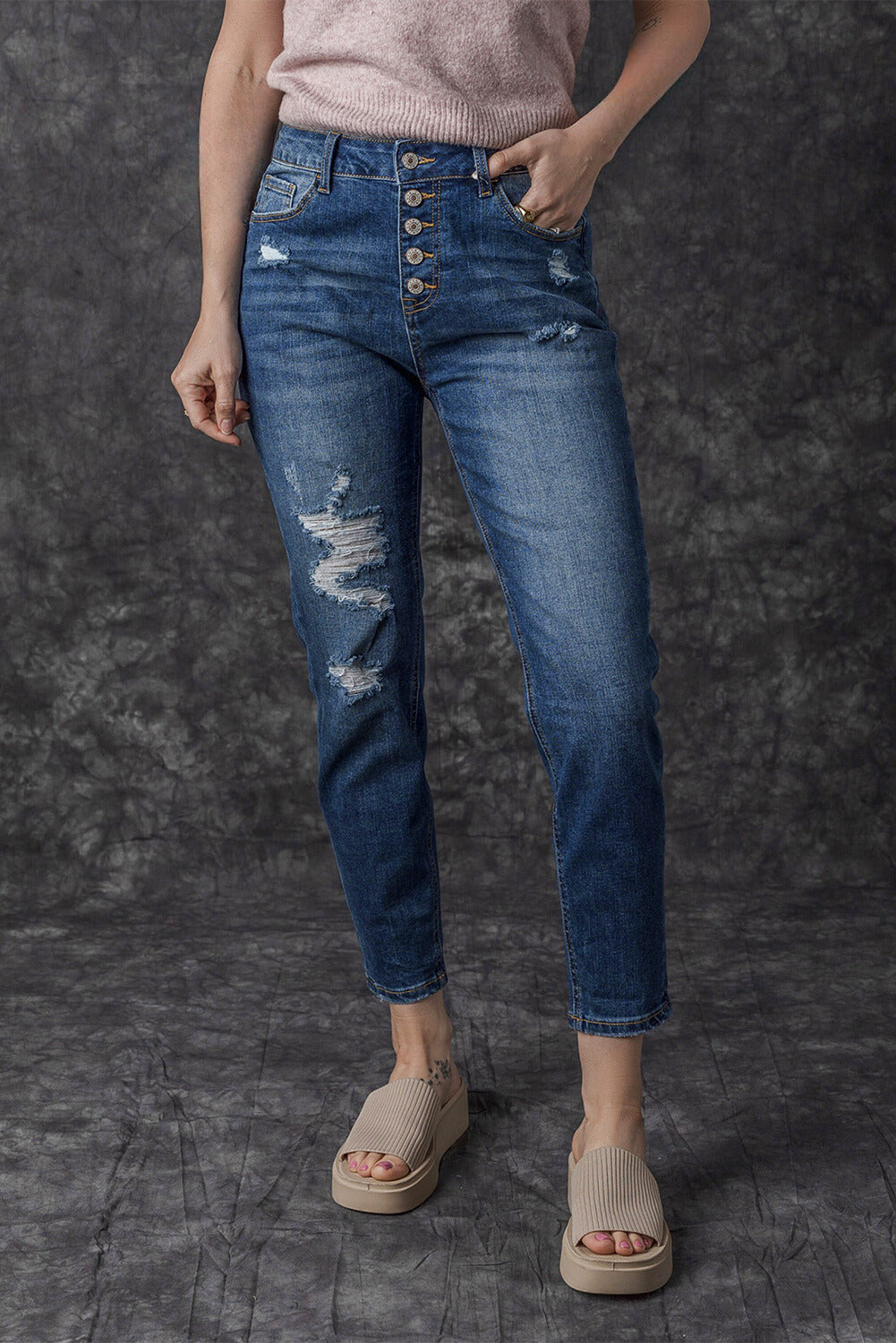 Bailee Distressed Button Fly High Waist Jeans