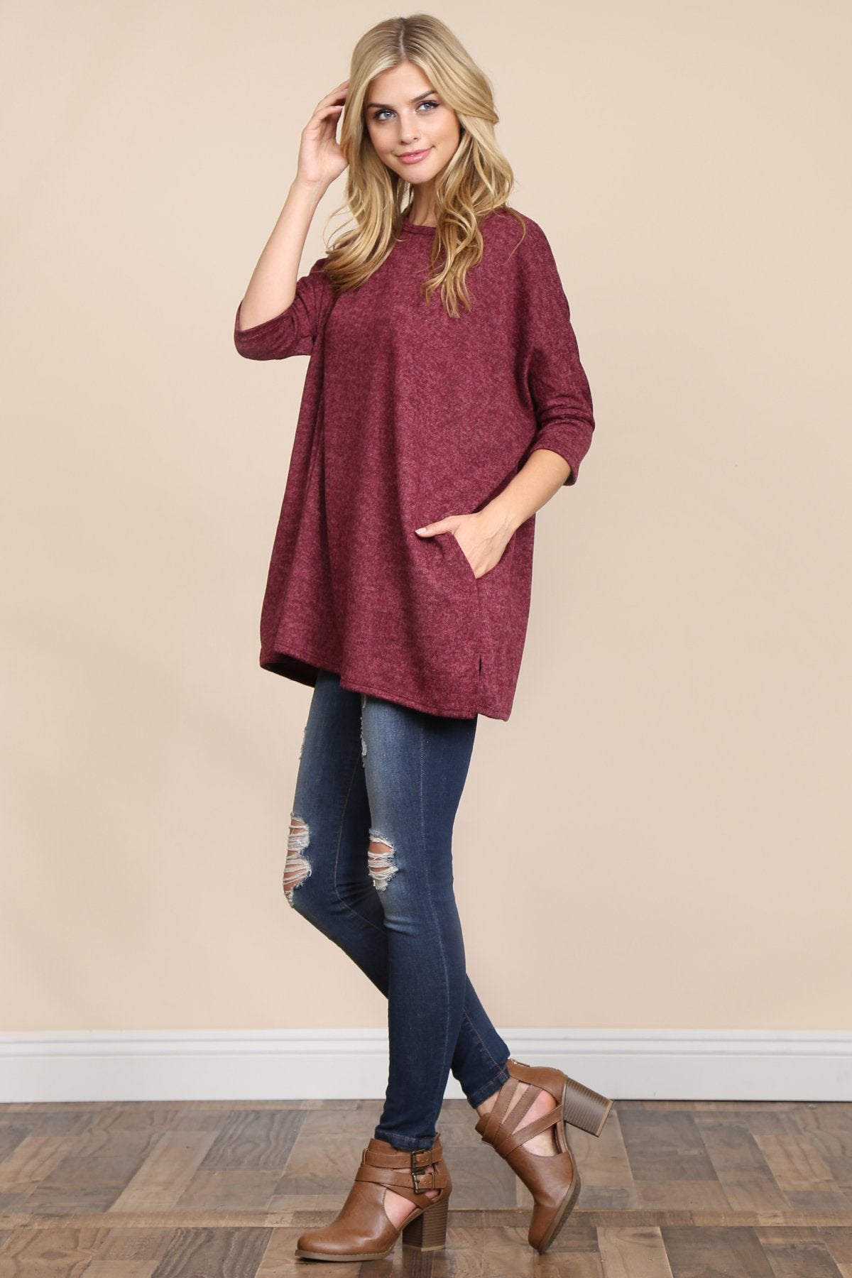 Two Tone Hacci Oversized Dropped Shoulder Pocket Tunic