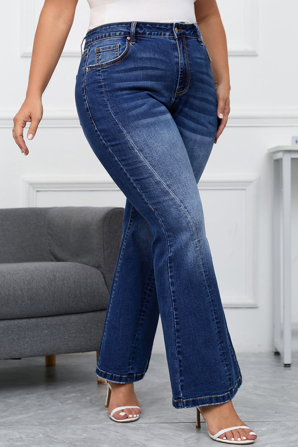 Aila Dark Blue Plus Size Stitching Flare Jeans