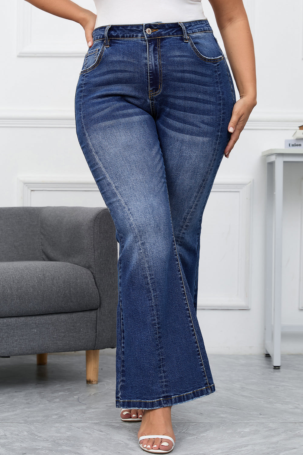 Aila Dark Blue Plus Size Stitching Flare Jeans