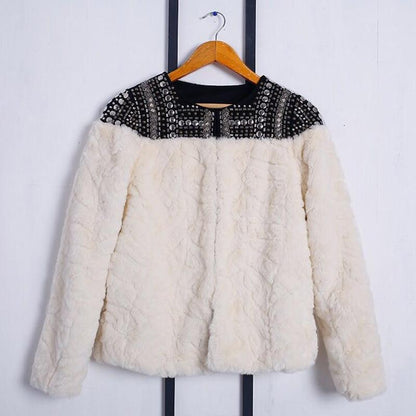 Fleece Rivet Faux Fur Patchwork Long Sleeve Coat